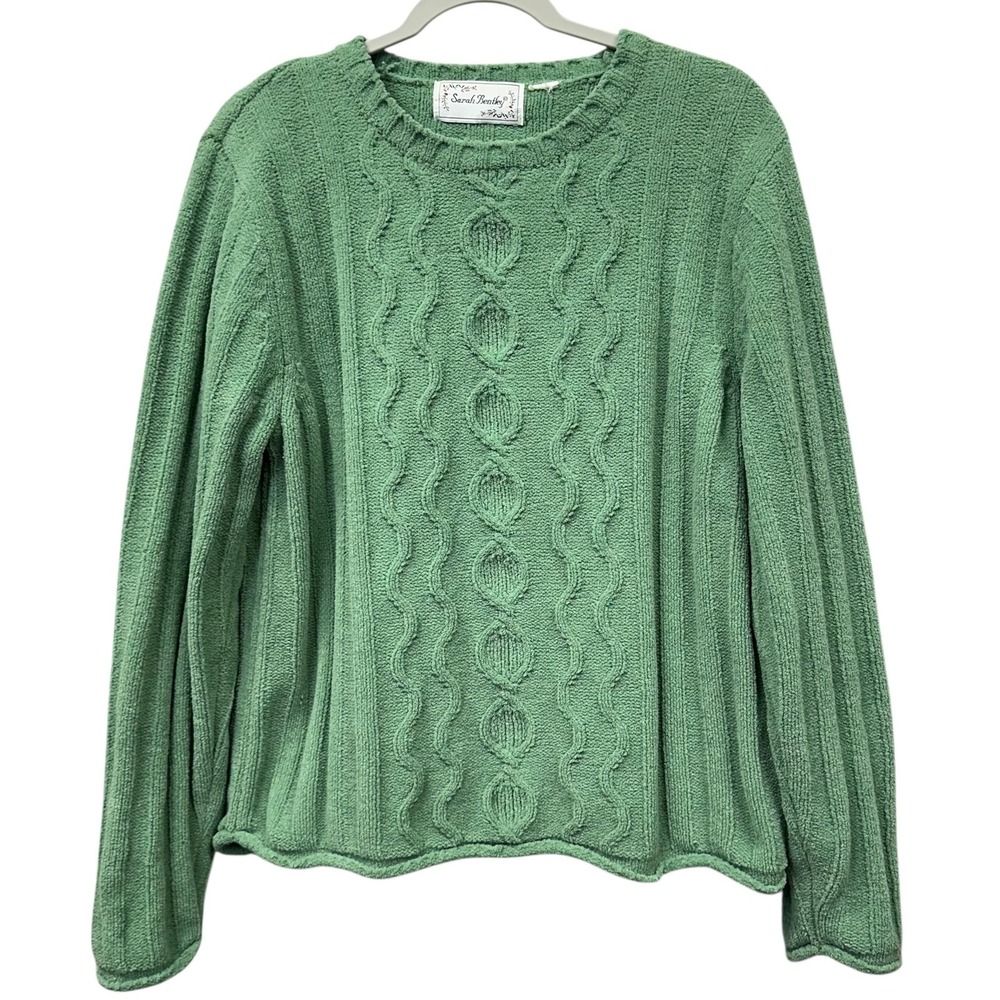 Sarah Bentley Sweater Womensโ L Green Chenille Textured Cable Knit Rolled Hems